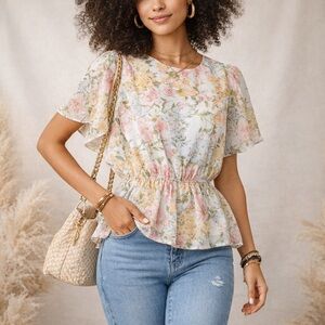 Hayden Floral Peplum Blouse S NWT Spring Cottagecore Flutter Sleeve Top